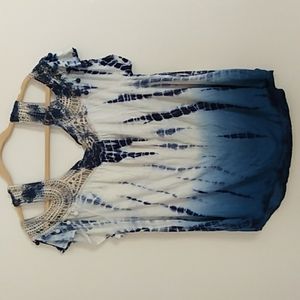 Vintage American Blues Cold Shoulder Tie Dye Boho Crochet Shoulder Straps SZ S